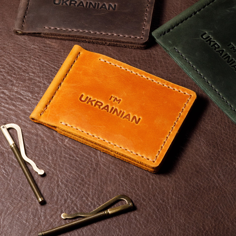 Затиск шкіряний для купюр чоловічий з відділеннями для карт, місткий гаманець на кнопці, помаранчевийMasterSem Київ - фото 1