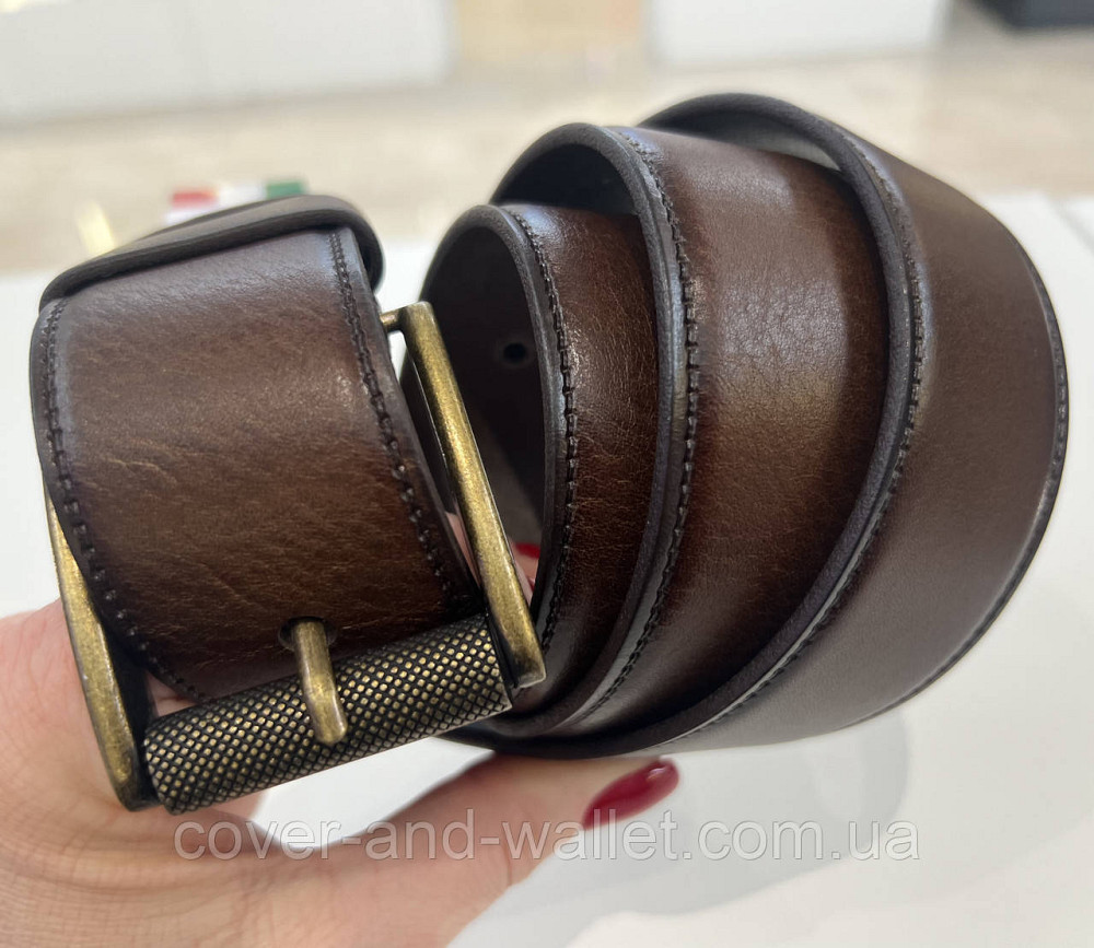 Мужской кожаный ремень под джинсы с золотистой пряжкой в коричневом цвете 40 мм PS Leather Киев - изображение 3