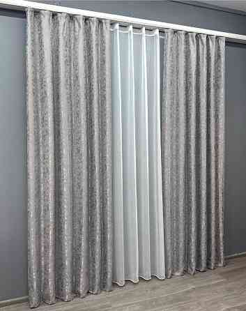 Комплект штор VR-Textil Лен Мрамор 150х270 2шт и Тюль 500х270 1714ш-1276т Серый с белым 71-009/4 Киев