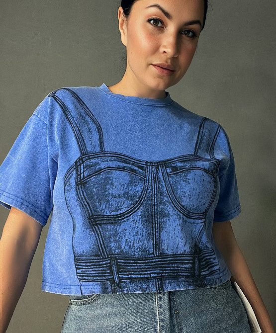 Футболка женская A-N 2732 вареная короткая широкая рисунок корсет бра, синий, one size Киев - изображение 11