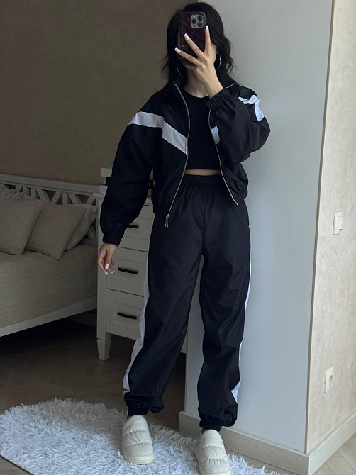 Женский плащевой костюм двойка: кофта и штаны в спортивном стиле плащевка эмми 42/44, Черный Одесса - изображение 2