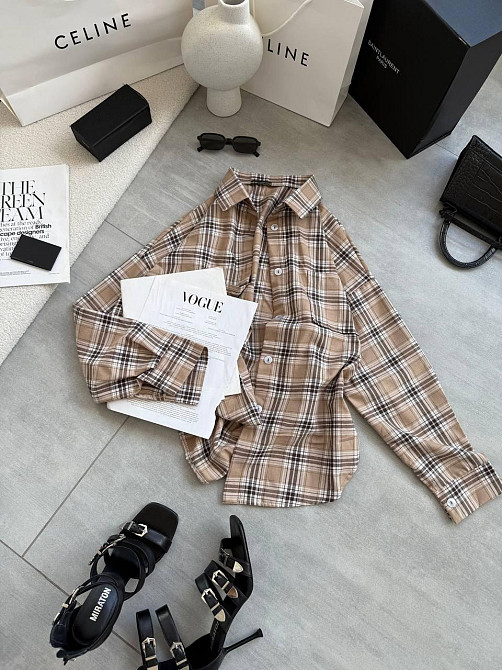 Женская стильная оверсайз рубашка в клетку фланель 100% коттон Беж Одесса - изображение 5