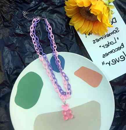 Подвеска мишка, сиреневый + розовый - длина 40см, мишка 2,6см, смола, пластик Киев