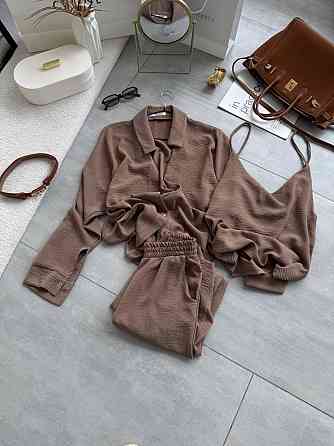 Жіночий легкий прогулянковий костюм-трійка: сорочка майка та штани креп жатка Моко, 48/50 Одеса