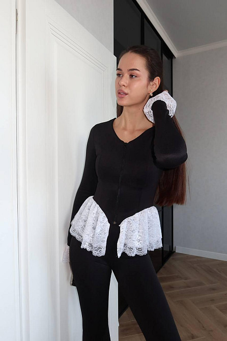 Жіночий елегантний костюм-двійка: кофта з мереживом і штани-кльош дайвінг+францеузське мереживо Білий, 42/44 Одеса - фото 1