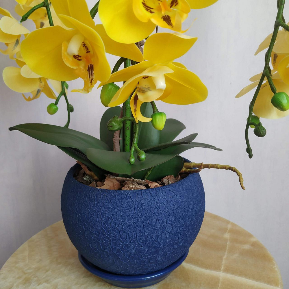 Штучна латексна орхідея VIP в синьому керамічному кашпо на три гілки жовта Дніпро - фото 3