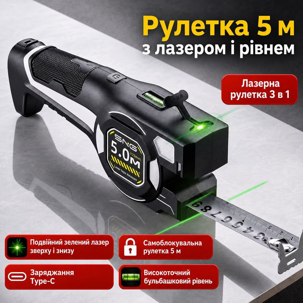 Рулетка 3в1 строительная универсальная 5м, метрическая двойной лазер для разметки и горизонтальный уровень с Tupe-С Каменец-Подольский - изображение 1