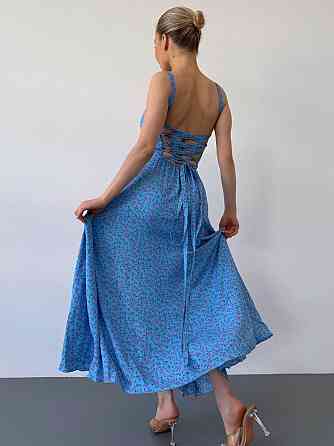 Женское романтичное платье макси на бретелях с разрезом штапель 42/44, Голубой Одесса