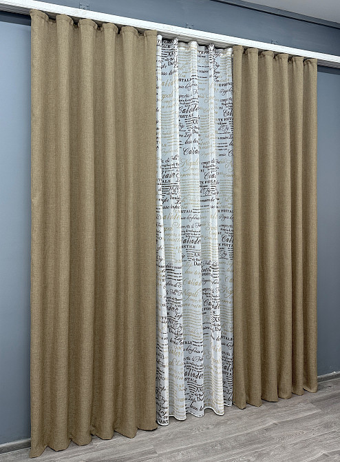 Комплект штор VR-Textil Льон Мішковина 200х270 2шт і Тюль 600х270 673ш-1790т Капучино з білим 71-063/7 Київ - фото 3