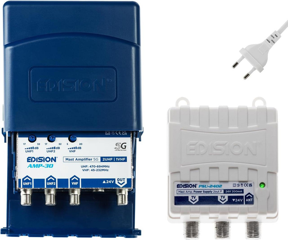 EDISION MAK-300 Mast усилитель антенны 2UHF+1VHF/FM 17–32 дБ 107 дБмВ 24В с фильтром 5G LTE и питанием 24В Киев - изображение 1