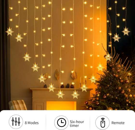 Гирлянда-штора Jsdoin Снежинки 2×1 м, 104 LED, теплый белый, 8 режимов, пульт, таймер, USB Киев