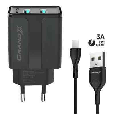 Зарядний пристрій Grand-X CH-15T 5V 2.1A 2USB Black + cable USB -&gt; Type-C (CH-15T) Вінниця