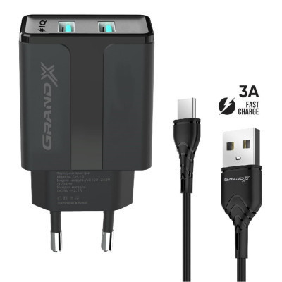Зарядний пристрій Grand-X CH-15T 5V 2.1A 2USB Black + cable USB -&gt; Type-C (CH-15T) Вінниця - фото 1