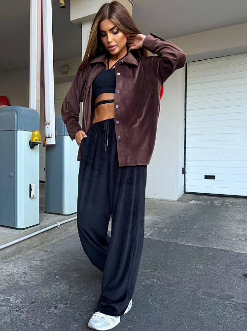 Женский прогулочный костюм двойка: рубашка + штаны палаццо турецкий велюр спорт Шоколад, 46/48 Одесса - изображение 4