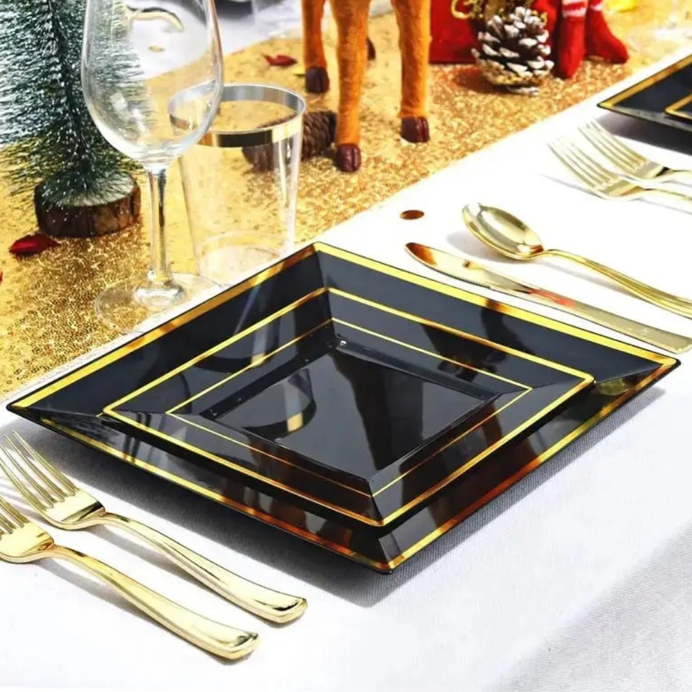 Набір тарілок пластикових 12 шт, десертні 16.5 см і обідні 24 см, квадратні, чорні з золотистим контуром Кам'янець-Подільський - фото 9