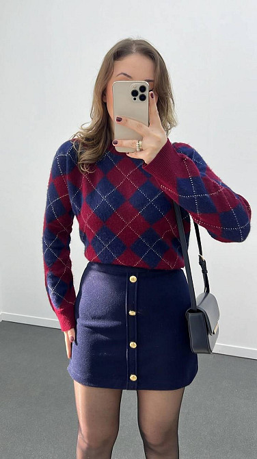 Женский оверсайз свитер в геометрический принт машинная вязка Синий Одесса - изображение 6