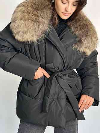 Жіночий зимовий чорний пуховик Aria Raccoon з натуральним хутром єнота 44 Харків