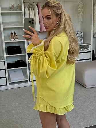 Жіночий літній костюм-двійка: сорочка та шорти з рюшами льон Жовтий Одеса