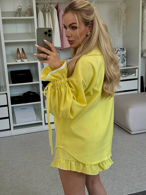 Жіночий літній костюм-двійка: сорочка та шорти з рюшами льон Жовтий Одеса - фото 2