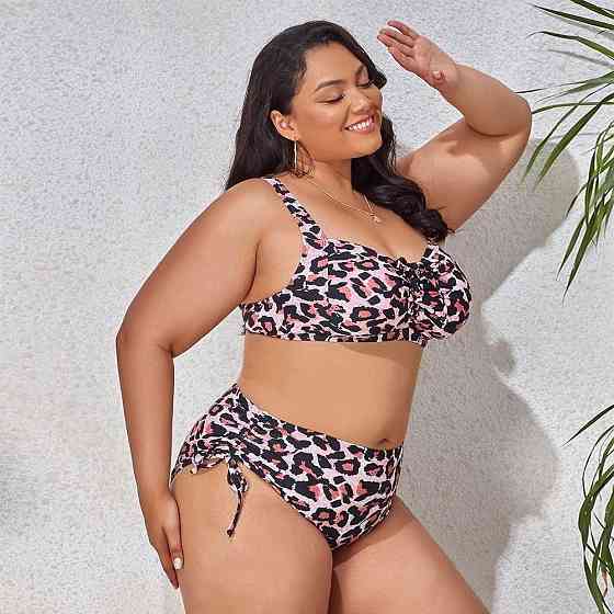 Жіночий роздільний купальник великих розмірів Plus Size з тонким поролоном та плавками сліпами із завищеною посадкою леопардовий Київ