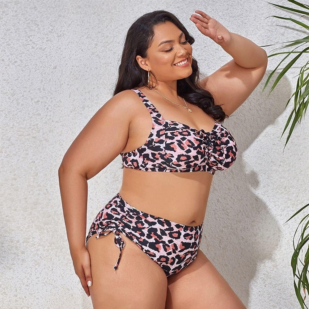 Жіночий роздільний купальник великих розмірів Plus Size з тонким поролоном та плавками сліпами із завищеною посадкою леопардовий Київ - фото 4
