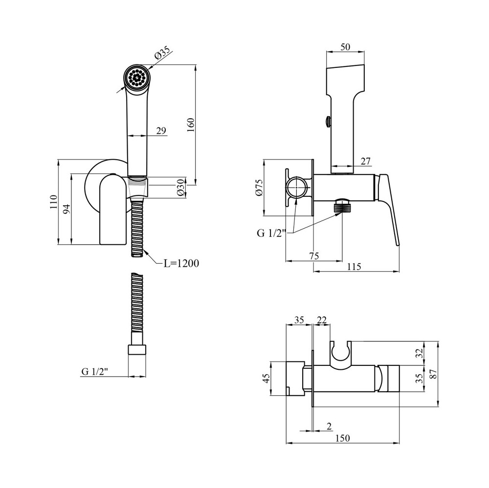Набір для гігієнічного душу прихованого монтажу зі змішувачем Kroner KRP Graz — GRP082 Київ - фото 2