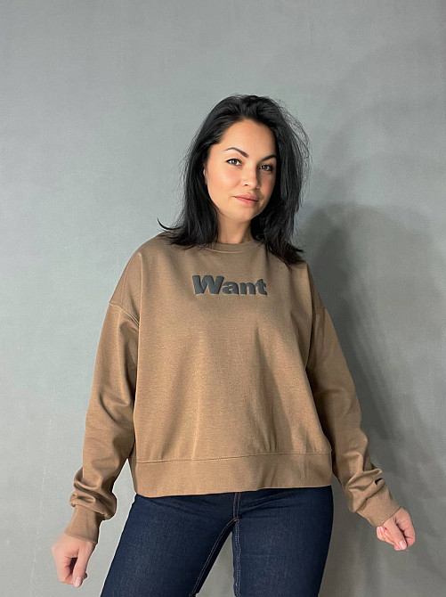 Свитшот женский U S 293 широкий оверсайз трикотаж надпись WANT, коричневый, one size Киев - изображение 18