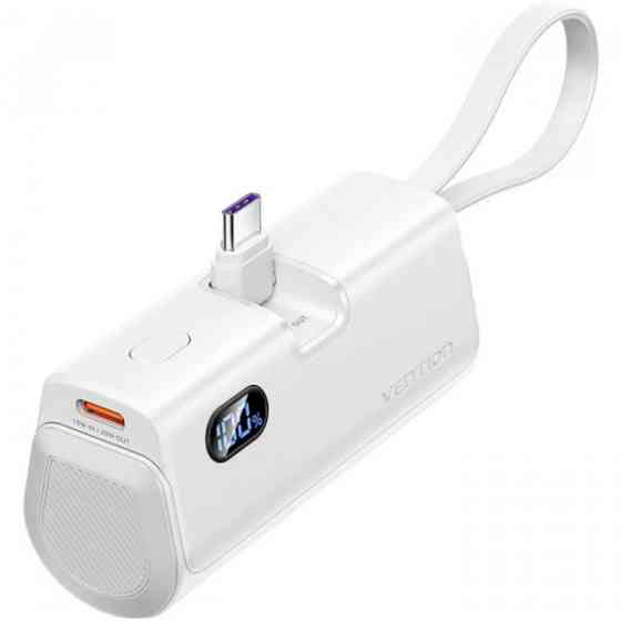 УМБ Vention 4800mAh 22,5W PD, USB-C In/Out, LED display, with built-in USB-C cable White Киев