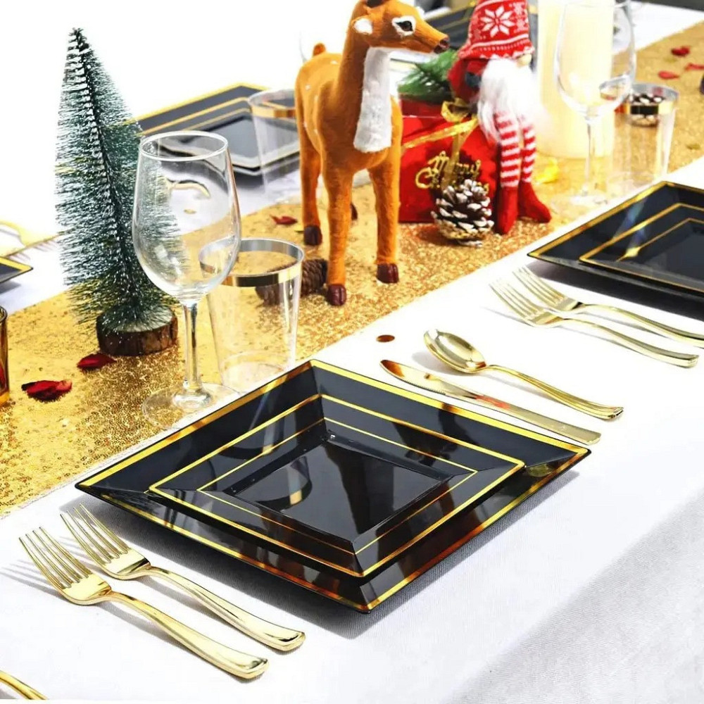 Набір тарілок пластикових 12 шт, десертні 16.5 см і обідні 24 см, квадратні, чорні з золотистим контуром Кам'янець-Подільський - фото 4