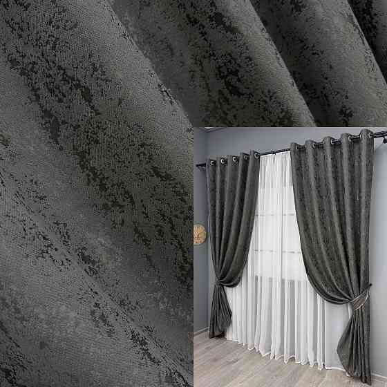 Комплект штор на люверсах VR-Textil Лен мрамор Pavliani № 1667ш Графитовый 150х250 см 2 шт (37-0170) Киев