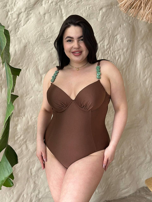 Злитний купальник великих розмірів plus size біфлекс з поролоновими чашками та кісточками на бретельках коричневий 4XL Одеса - фото 3