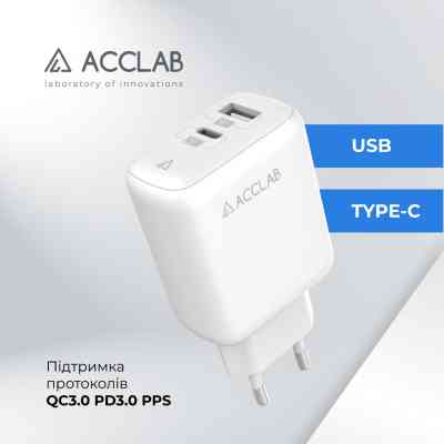 Зарядное устройство ACCLAB AL-TC220 (1xUSB, 1xType-C) (1283126556494) Винница