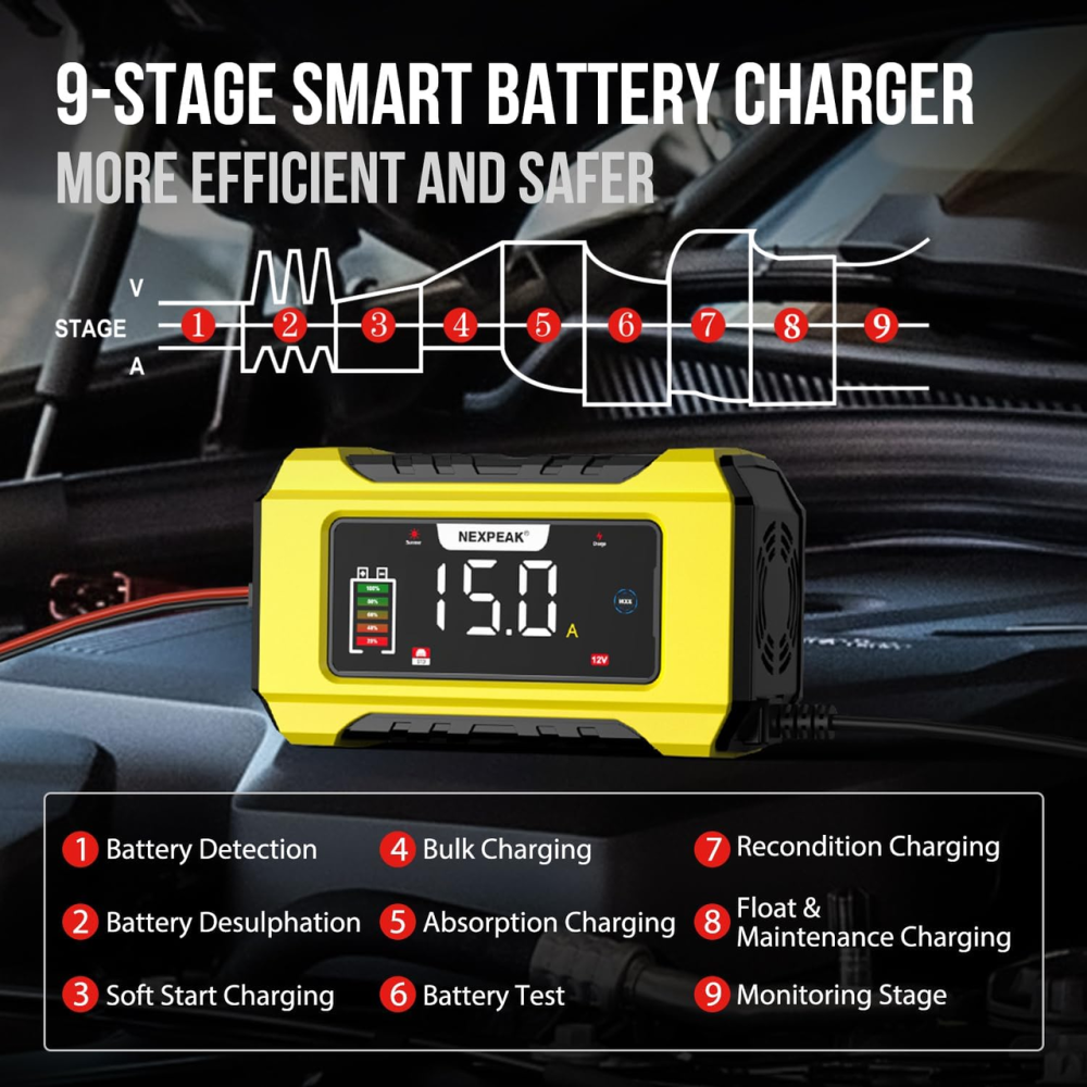 Зарядное устройство NEXPEAK NC215 15A/8A для аккумуляторов 12V/24V, LiFePO4, AGM, GEL, Smart 9-этапный, импульсное восстановление Киев - изображение 4