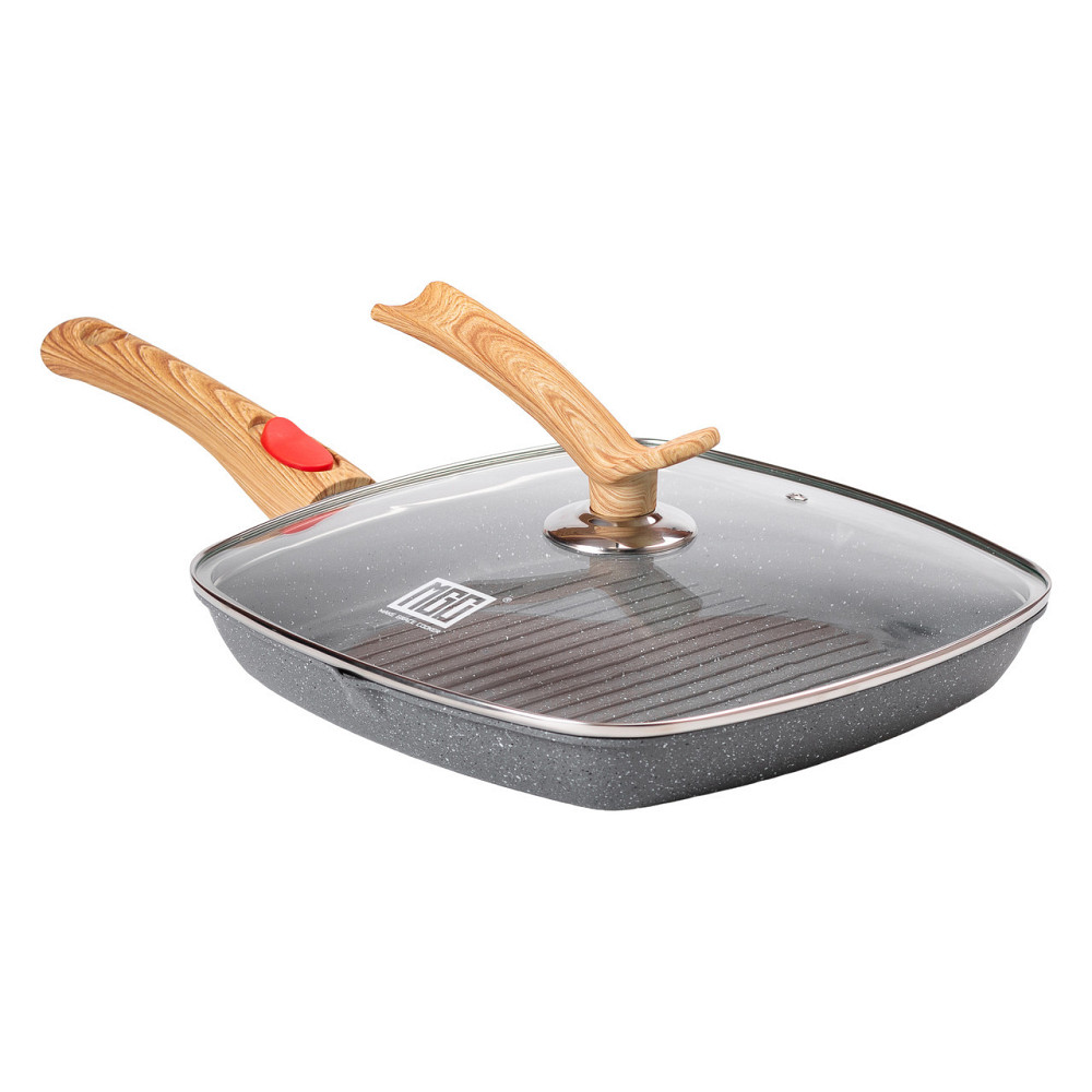 Алюминиевая сковорода-гриль 28 см со стеклянной крышкой Квадрат серый MGC HP-4-462G Киев - изображение 1