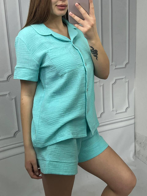 Пижама женская шорты и рубашка муслиновая Бирюзовый L Харьков - изображение 6