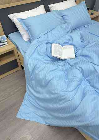 Комплект постельного белья Страйп-сатин Двуспальный 180х220 с простыней на резинке Голубой (88-114) Киев
