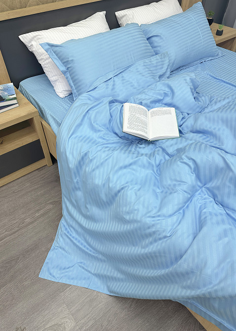 Комплект постельного белья Страйп-сатин Двуспальный 180х220 с простыней на резинке Голубой (88-114) Киев - изображение 6