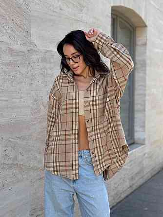 Женская теплая рубашка свободного кроя в клетку турецкая байка Бежевый, 42/44 Одесса