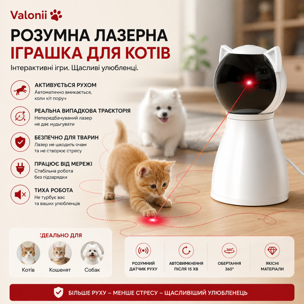 Інтерактивна лазерна іграшка для котів Valonii 2025 — Автоматичний лазер з датчиком руху, 3 режими швидкості, живлення від мережі Київ - фото 1