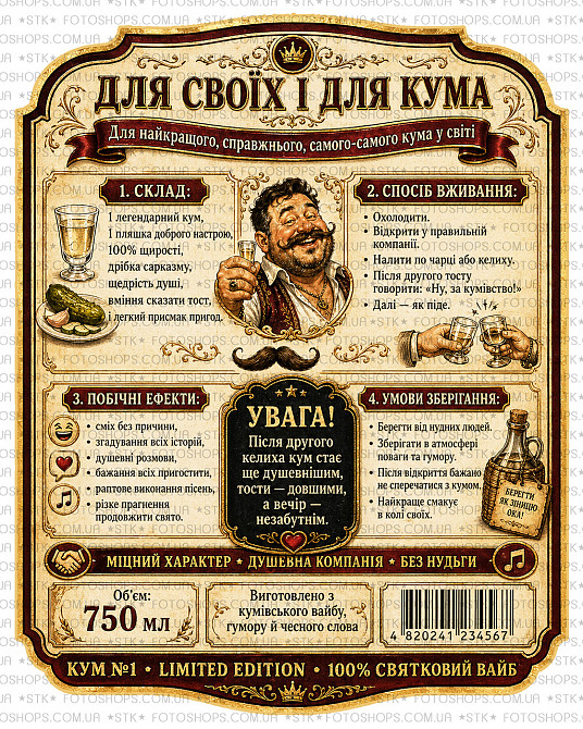 Етикетки на пляшку вина або ігристого для кума “Кум №1” | Прикольний подарунок куму | Етикетка + контретикетка Одеса - фото 2