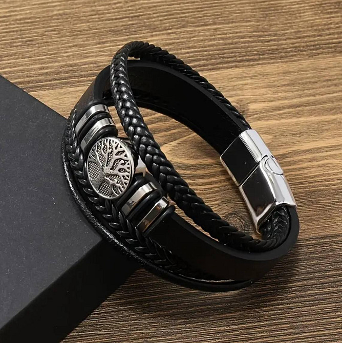 Мужской браслет чёрный с символом Дерево жизни – кожаный многорядный аксессуар Киев - изображение 2