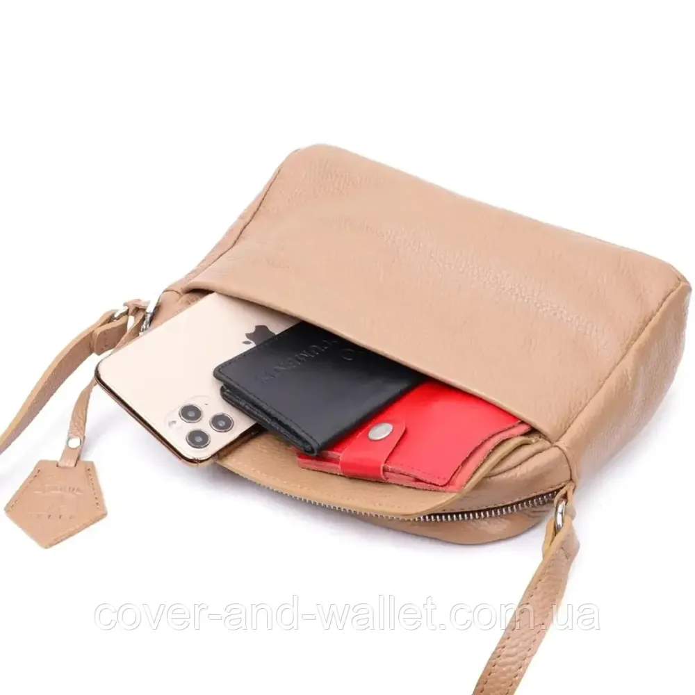 Стильная женская сумка-кроссбоди через плечо из фактурной кожи пудрового цвета Grande Pelle 755743 Киев - изображение 9