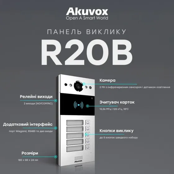 IP-відеопанель на 5 абонентів 2Mp Akuvox R20B SIP зі зчитувачем EM-Marine / Mifare / NFC (87-00031) Київ
