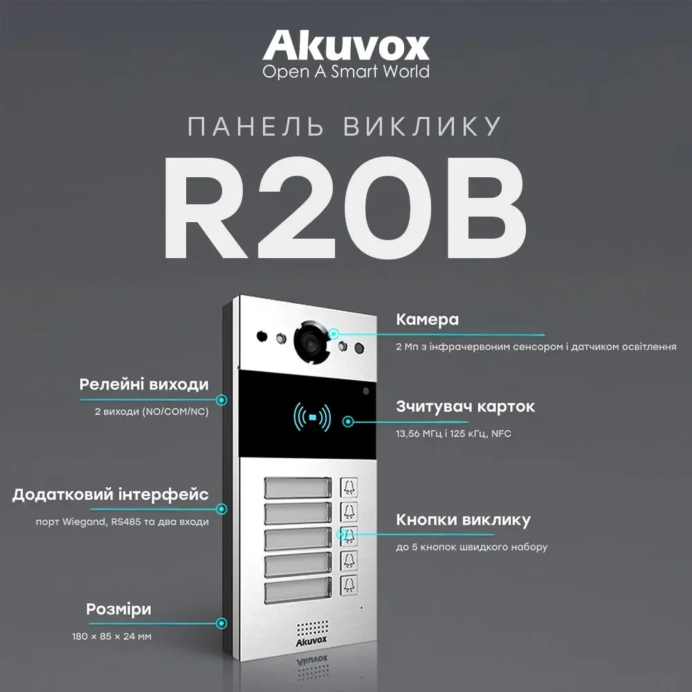 IP-відеопанель на 5 абонентів 2Mp Akuvox R20B SIP зі зчитувачем EM-Marine / Mifare / NFC (87-00031) Київ - фото 3