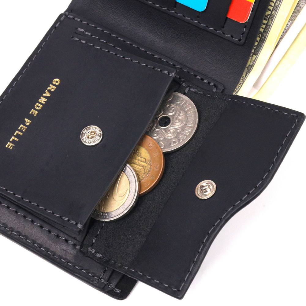 Матовое кожаное портмоне в два сложения Черный (GRANDE PELLE) Киев - изображение 1