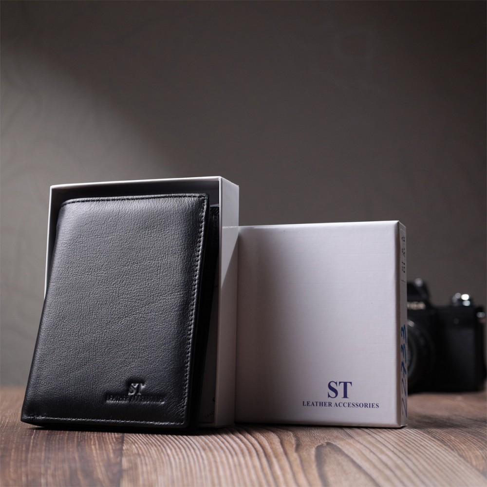 Вертикальне чоловіче портмоне з натуральної шкіри ST Leather 22733 Чорний Київ - фото 1