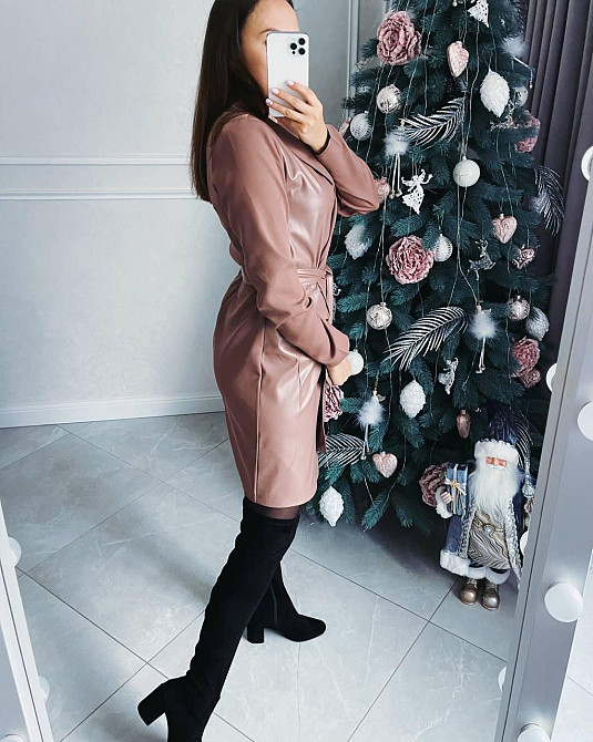 Женское стильное платье-пиджак с поясом костюмная ткань + экокожа Мокко, 50/52 Одесса - изображение 9