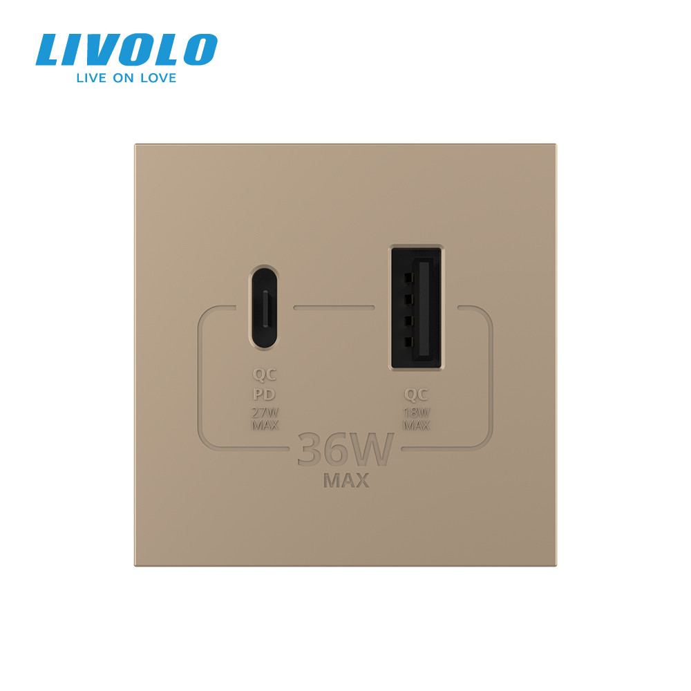 LIVOLO Розетка LIVOLO USB-A + USB-C PD 36Вт, золота, швидке заряджання, Power Delivery QC 3.0, Коломия - фото 7