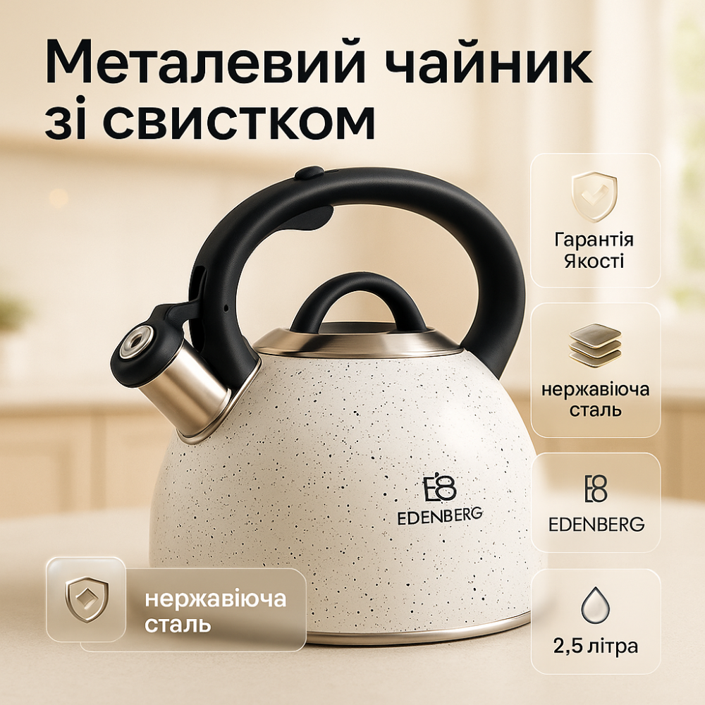 Якісний чайник з нержавіючої сталі зі свистком Edenberg EB-1440 3л, Нержавіючі чайники зі свистком LK-30 Львів - фото 8