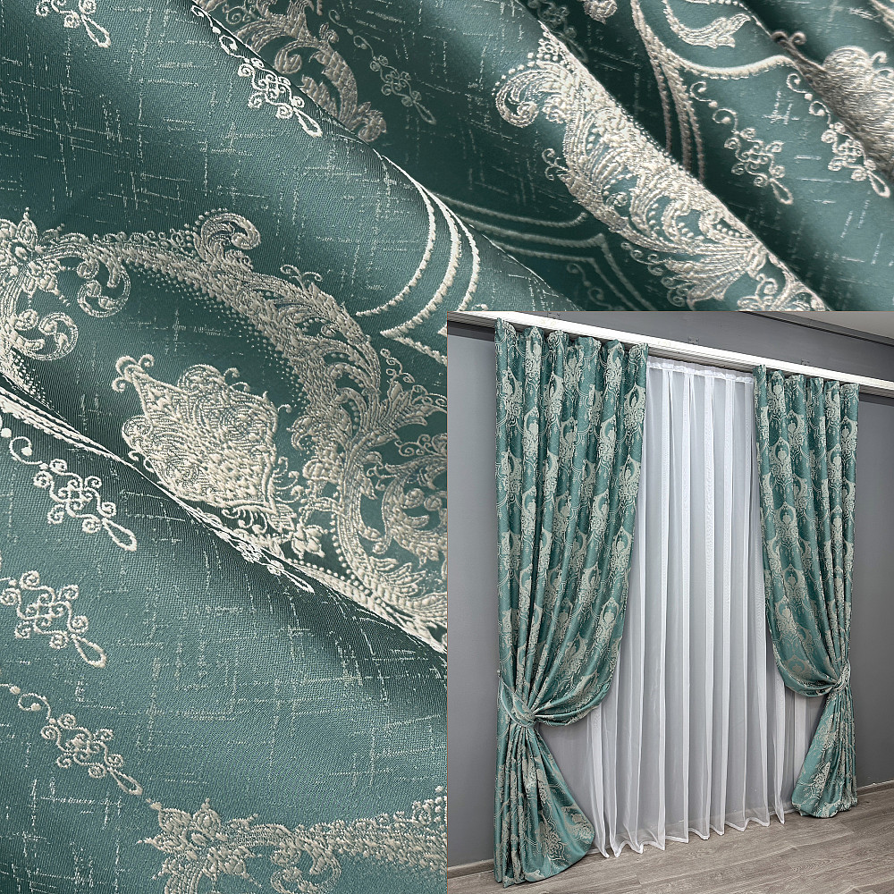 Комплект готових штор VR-Textil Парча № 1777ш Бірюзовий з молочним 100х290 см 2 шт (31-097) Київ - фото 1